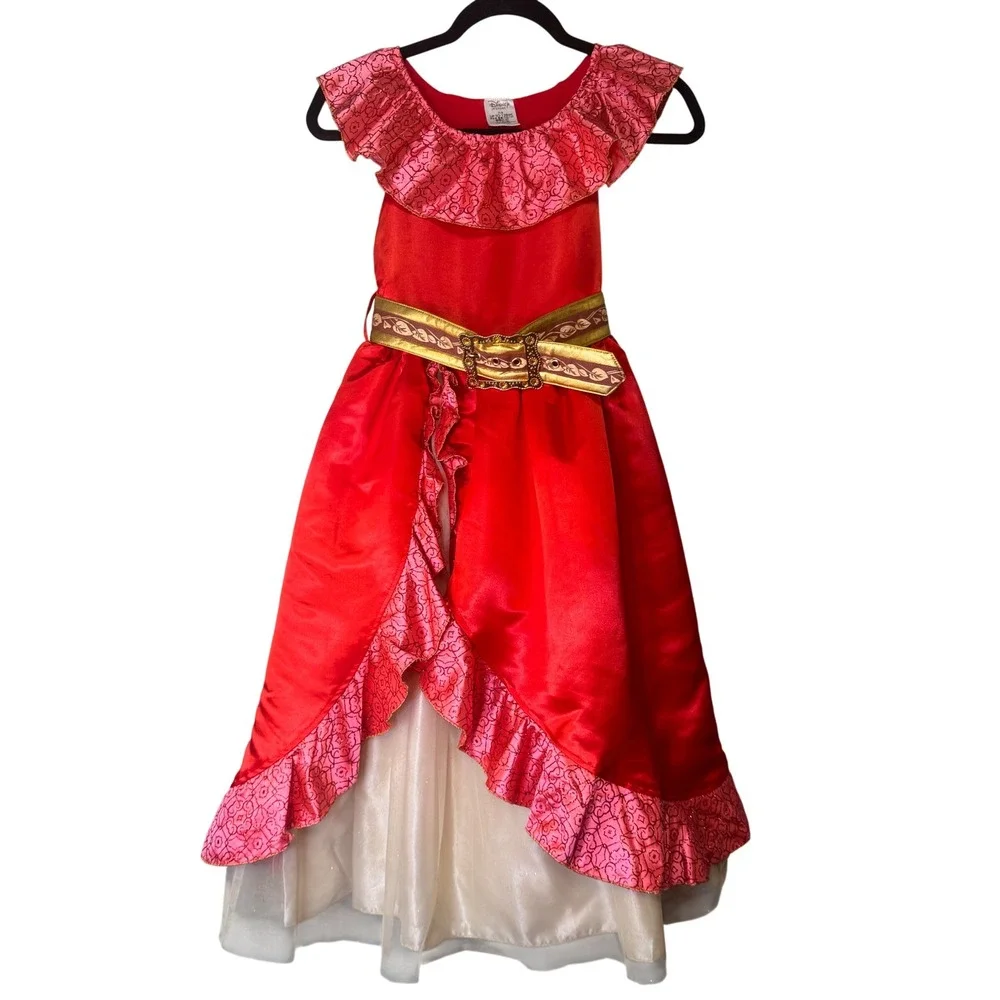 Disney Store Elena of Avalor Costume Dress Red Satin Gold Belt Girls Size 7/8